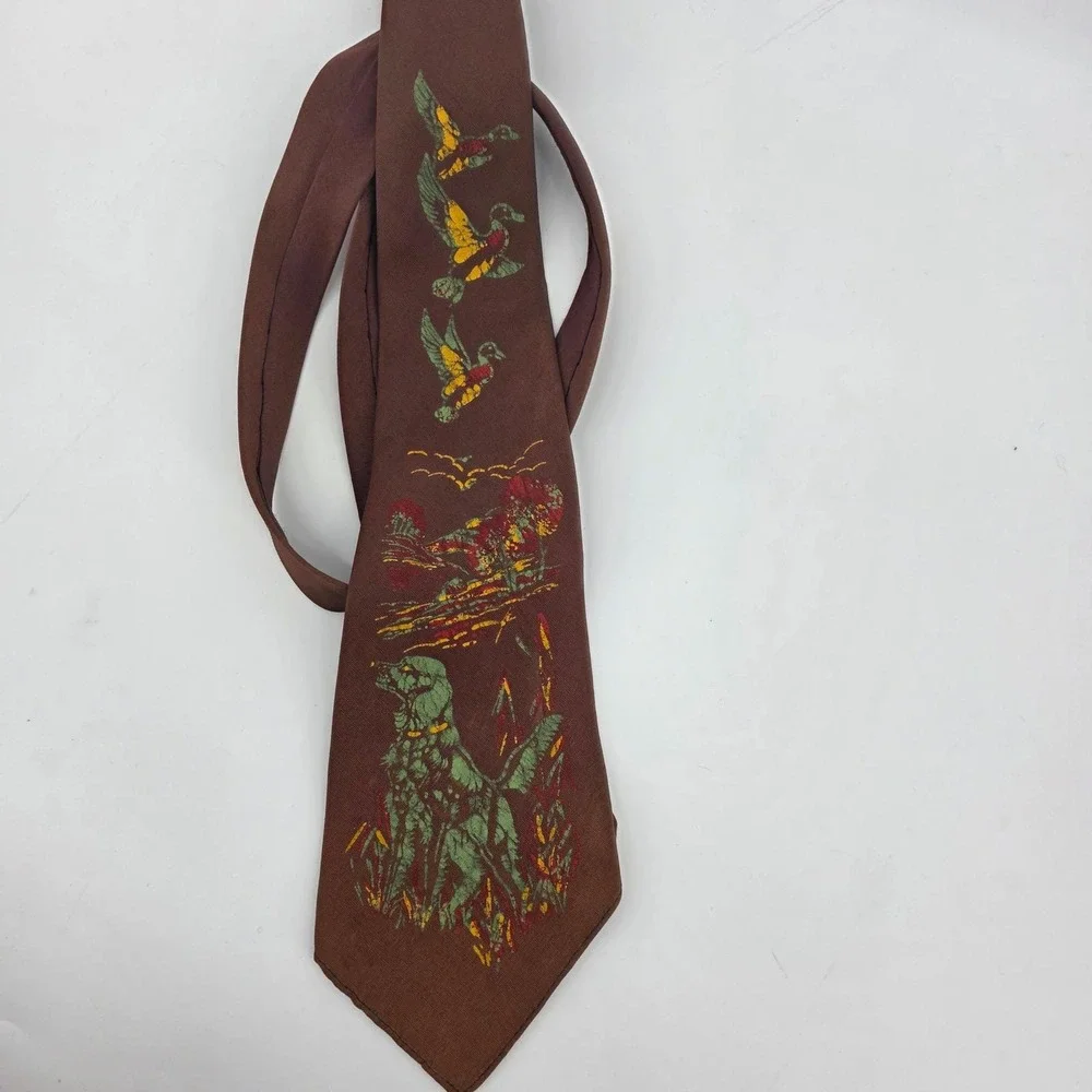 Vintage‎ Arco Brown Hunting Dog Duck Print Silk Necktie Men's Fashion Accessory